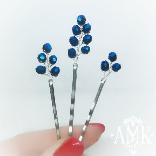 wedding photo - Set of royal blue bobby pins, navy blue hair pieces, something blue for hair, minimalist blue hair accessories, blue hair pins, crystal pins