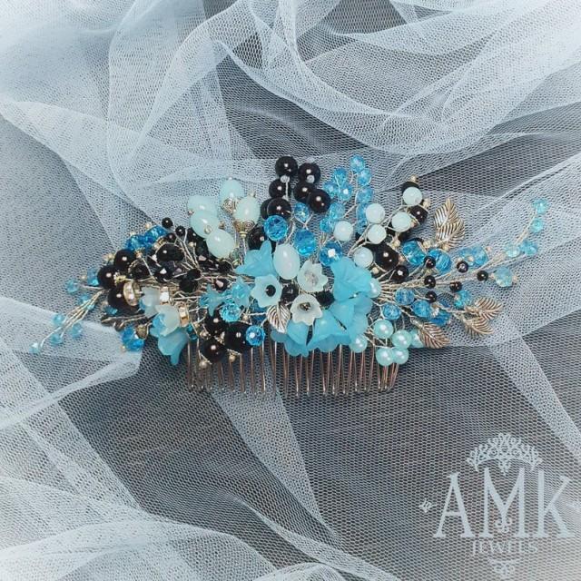 wedding photo - Blue and black hair piece, prom hair comb