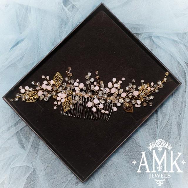 wedding photo - Gold and pink hair comb for bride