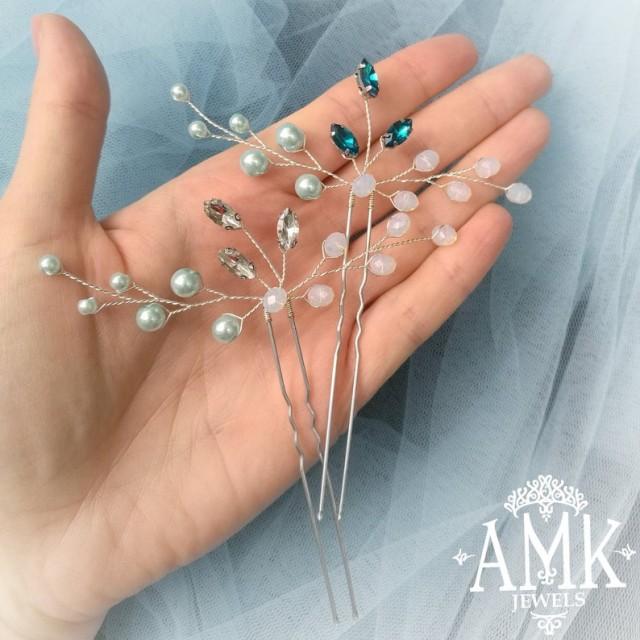 wedding photo - Blue aquamarine crystal hair pins