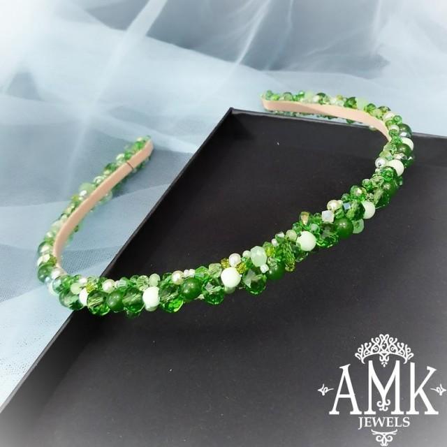 wedding photo - Green crystal headband, bridesmaid hair accessory