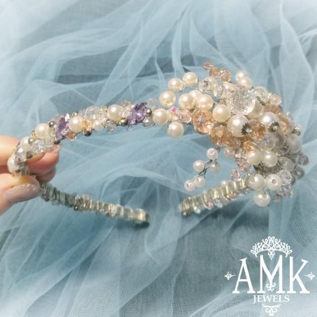 wedding photo - Crystal wedding tiara, white and pink headband, bridal headband, crystal headband for bride, lilac headband, white bridal headpiece