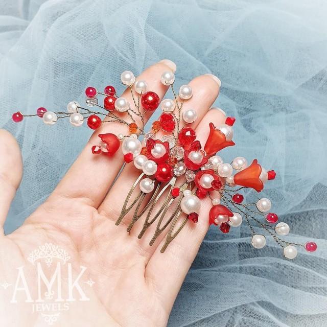 wedding photo - Red hair comb, red bridesmaid hair accessory