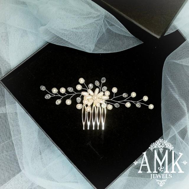 wedding photo - Small hair comb, white bridal hairpiece