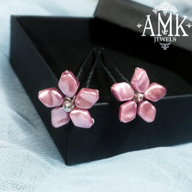wedding photo - Set of pink hair pins, floral hair pins