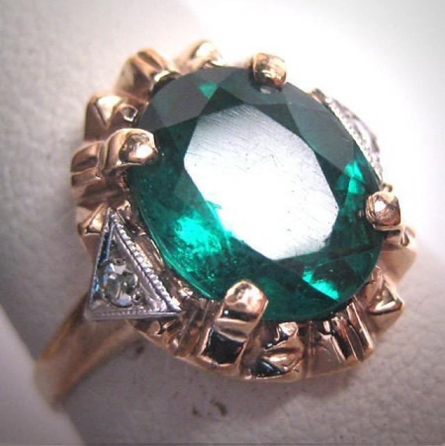 Antique Emerald Paste Diamond Wedding Ring Gold Vintage Art Deco 1930s