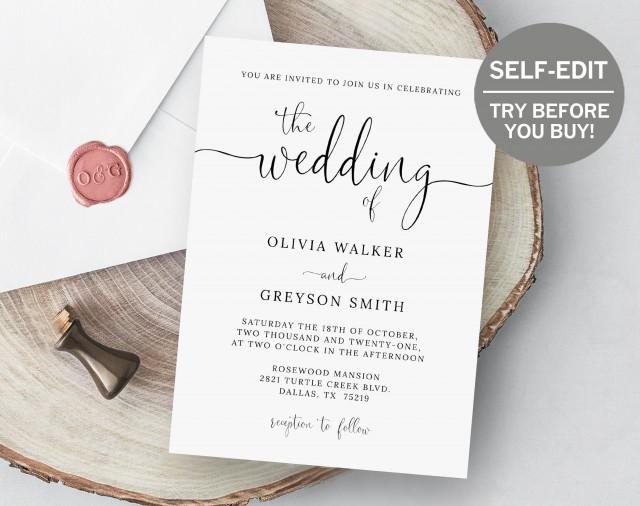 Wedding Invitation Template, Editable Invitation Modern Calligraphy, Minimalist Wedding Invitation, Wedding Template, Script, Simple, Invite