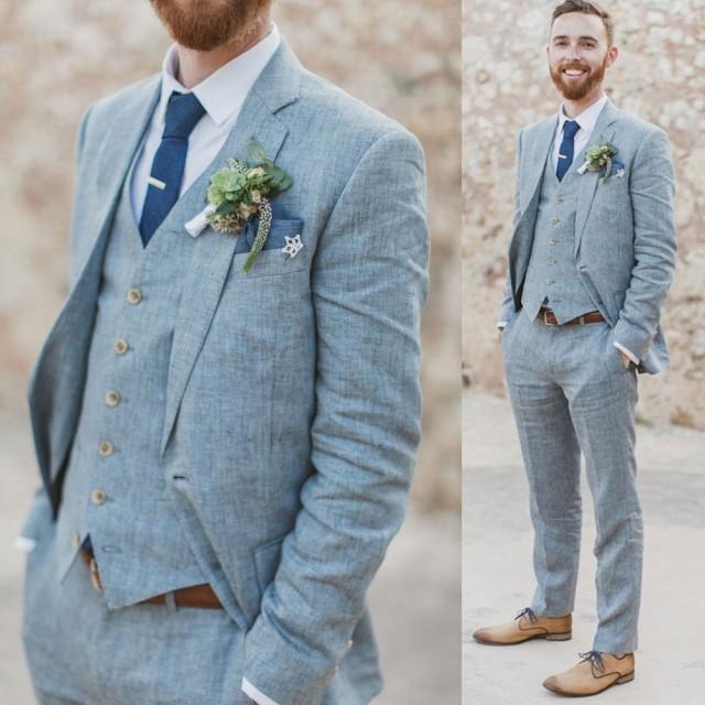 Men&#39;s Navy Blue Linen Suits Slim fit 3 Piece Summer Suits for Men Groom Wear Wedding Suits