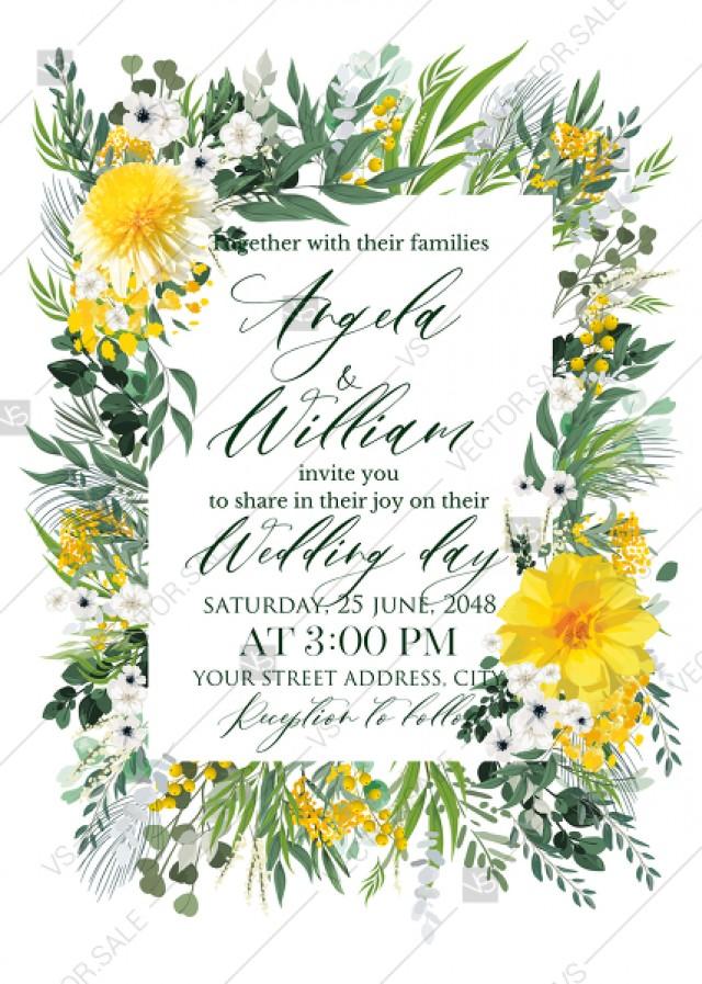 wedding photo - Mimosa yellow greenery herbs wedding invitation set PDF 5x7 in