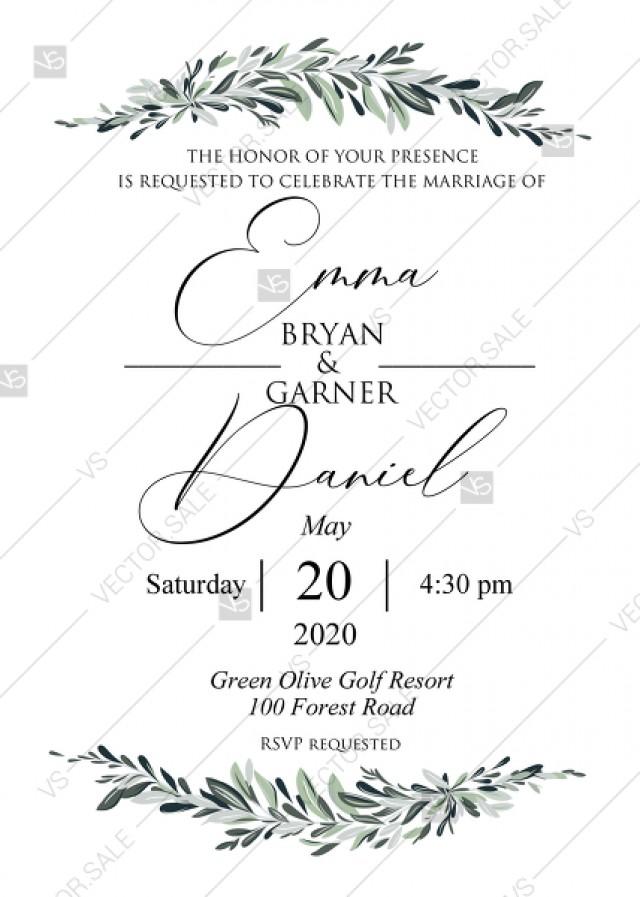 wedding photo - Minimalist olive branch greenery Wedding Invitation set PDF 5x7 in