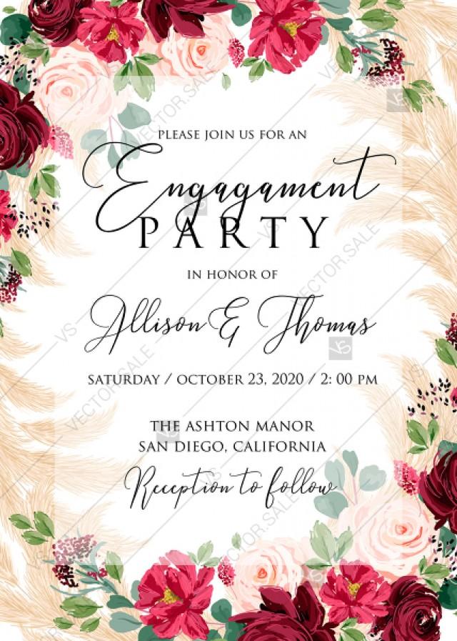 wedding photo - Online Editor - Engagement party invitation Marsala peony rose pampas grass pdf custom online editor 5x7