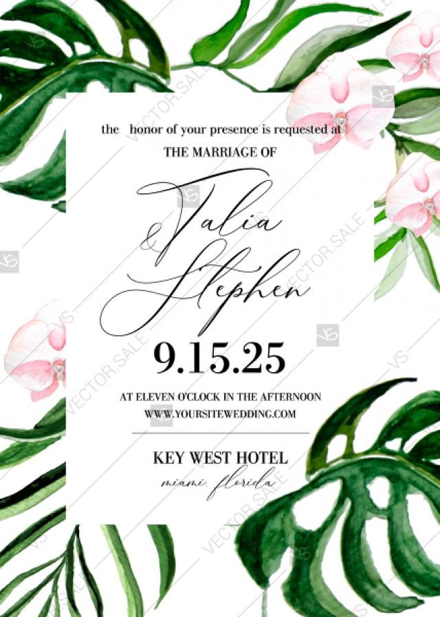 wedding photo - Tropical leaves palm watercolor pink orchid flower wedding invitation template PDF 5x7 edit online