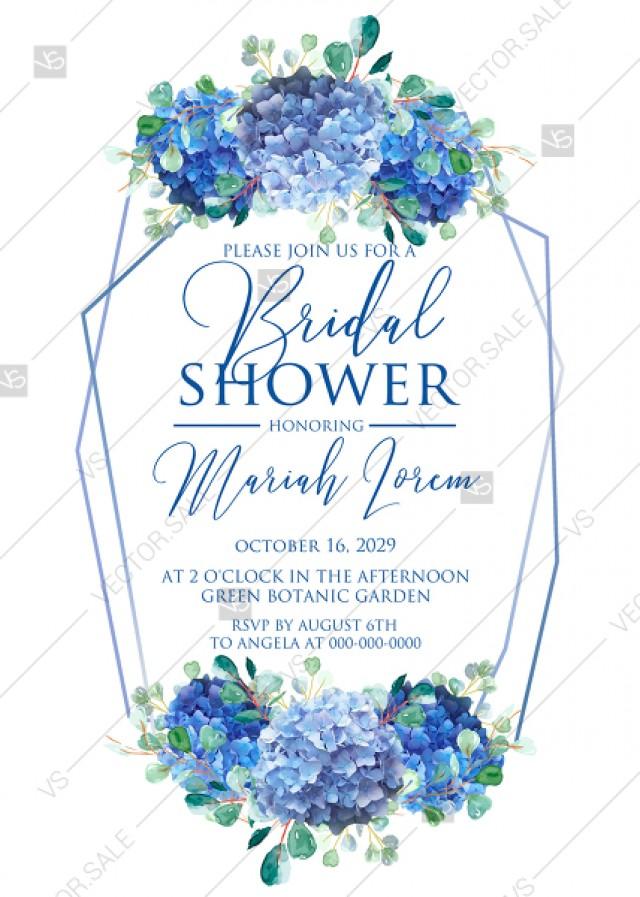 wedding photo - Bridal shower wedding invitation set watercolor blue hydrangea eucalyptus greenery PDF 5x7 in