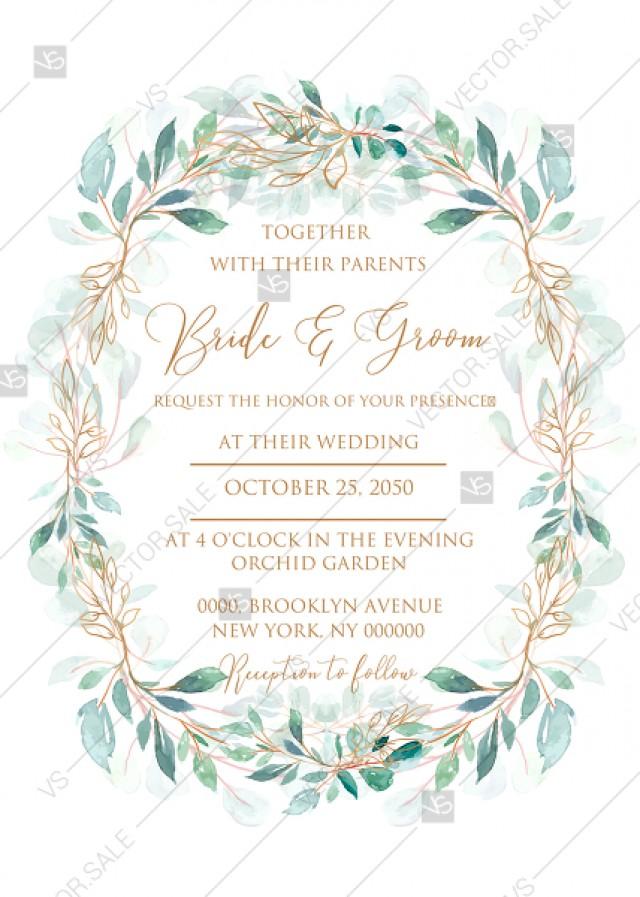 wedding photo - Wedding invitation set gold leaf laurel watercolor eucalyptus greenery PDF 5x7 in personalized invitation