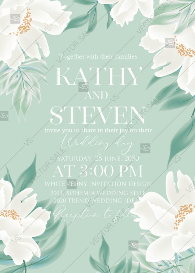 wedding photo - White peony greenery floral wedding invitation card template PFD 5x7 in edit online