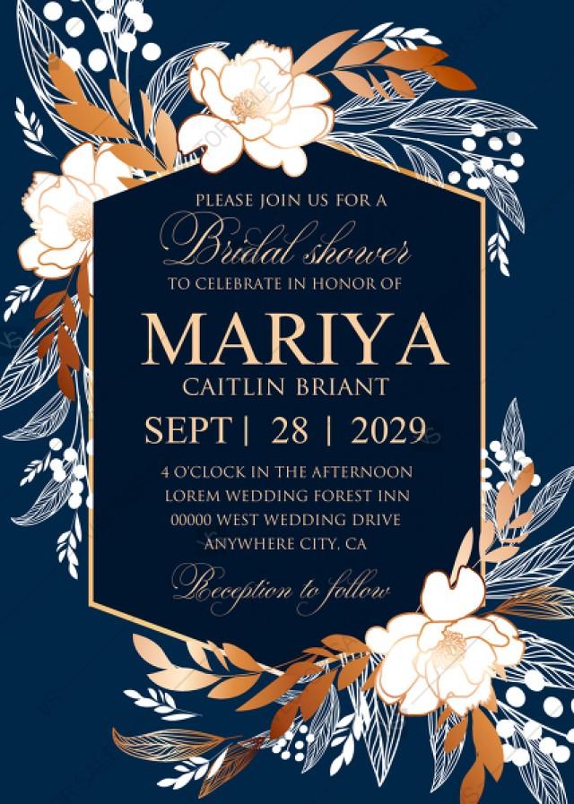 wedding photo - Peony foil gold navy blue background bridal shower wedding Invitation set PDF 5x7 in