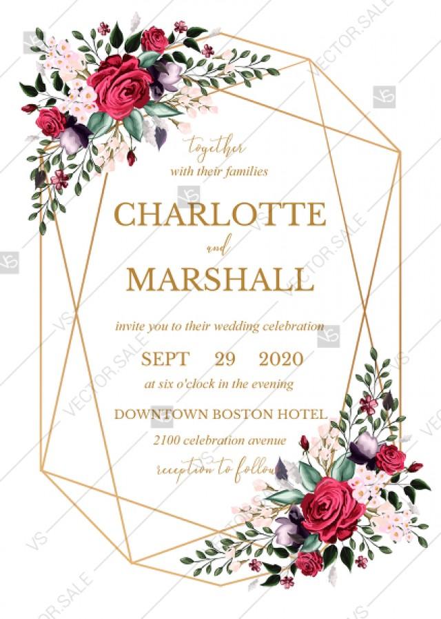 wedding photo - Wedding invitation set watercolor marsala red burgundy rose peony greenery PDF 5x7 in