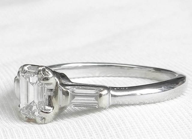 Art Deco Engagement Ring .86 ct Tdw Platinum Emerald Cut Diamond VVSI Colorless