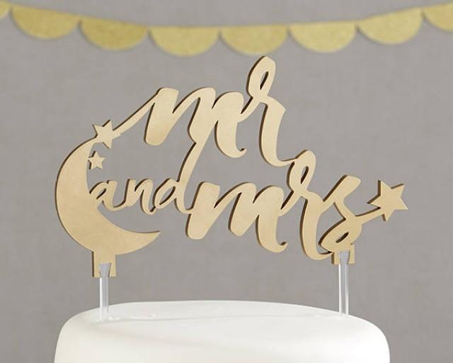 Gold Stars Moon Mr. and Mrs. Gold Wedding Cake Topper Cake Pick Elegant Script Reception Decoration MW35471