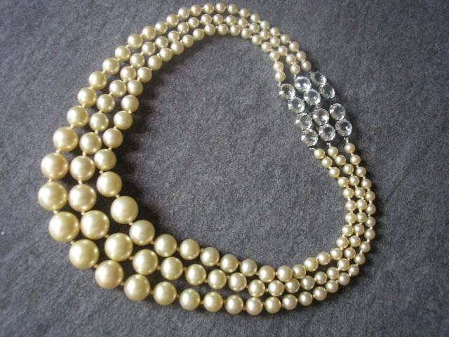 wedding photo - Vintage Three Strand Pearls With Open Backed Bezel Set Crystal Clasp