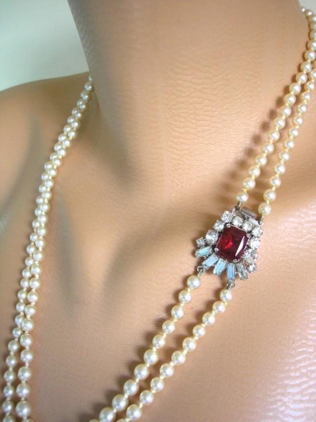 wedding photo - Vintage Pearl Necklace With Ruby Clasp
