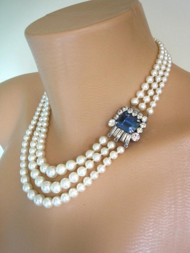 wedding photo - Vintage Ivory White Pearl and Montana Sapphire Necklace