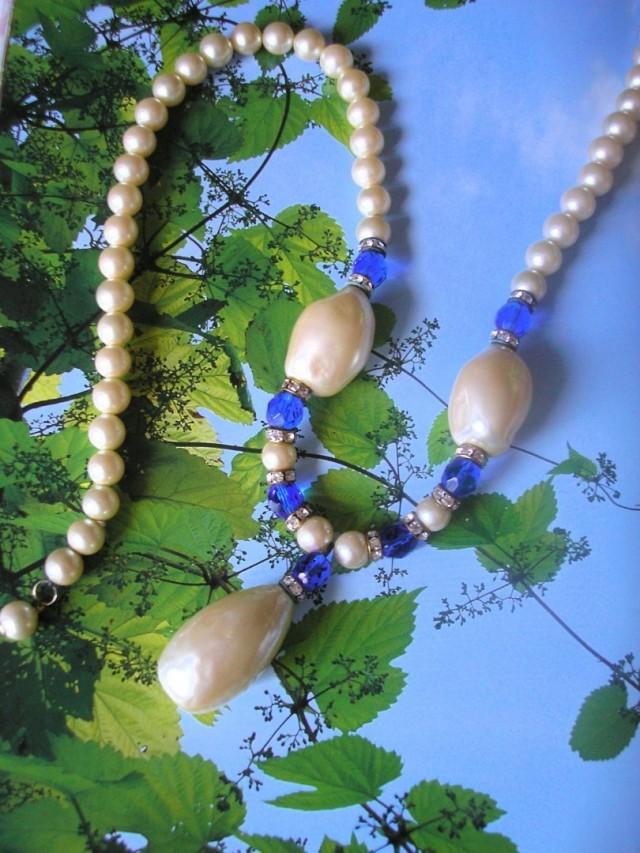 wedding photo - Vintage Baroque Pearl And Bristol Blue Glass Necklace