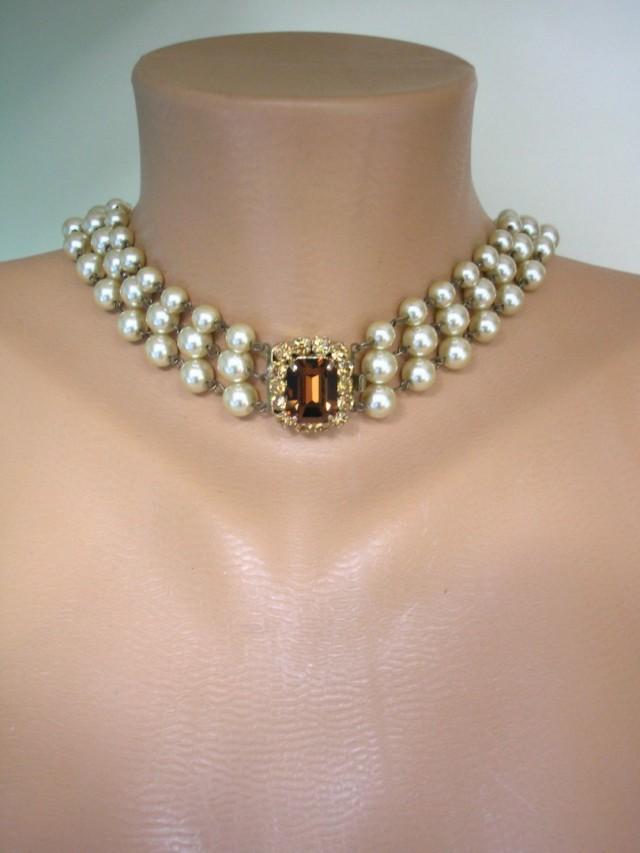 wedding photo - Long Champagne Pearl Necklace With Topaz Rhinestone Clasp