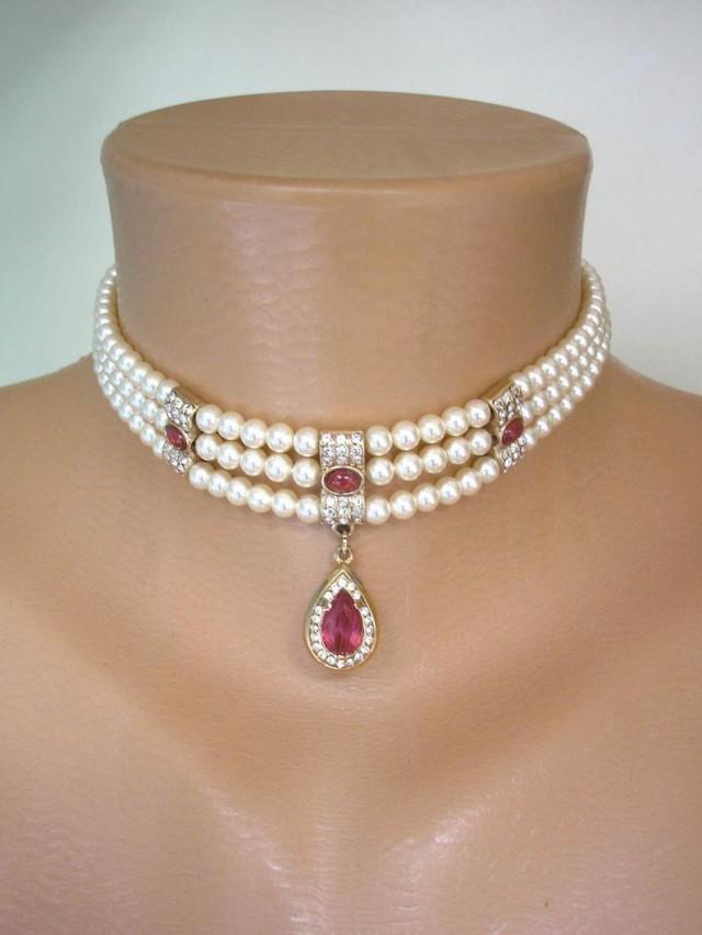 wedding photo - Vintage Rosita Pearl Choker, Signed Rosita Pearls, Pearl And Ruby Choker, Indian Bridal Choker, Downton Abbey Jewellery, Red Moonstone, Deco