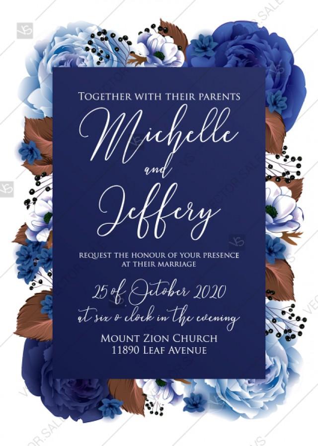 wedding photo - Wedding invitation set navy blue peony anemone PDF 5x7 in customize online