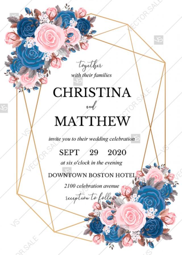 wedding photo - Wedding invitation pink navy blue rose peony ranunculus floral card template PDF 5x7 in PDF editor