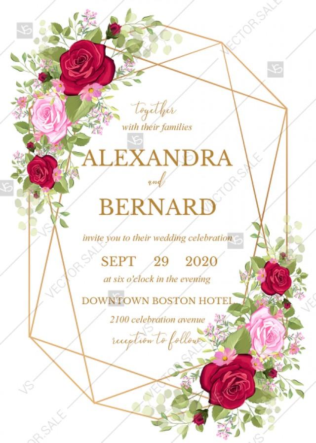 wedding photo - Wedding invitation set red pink rose greenery wreath card template PDF 5x7 in wedding invitation maker