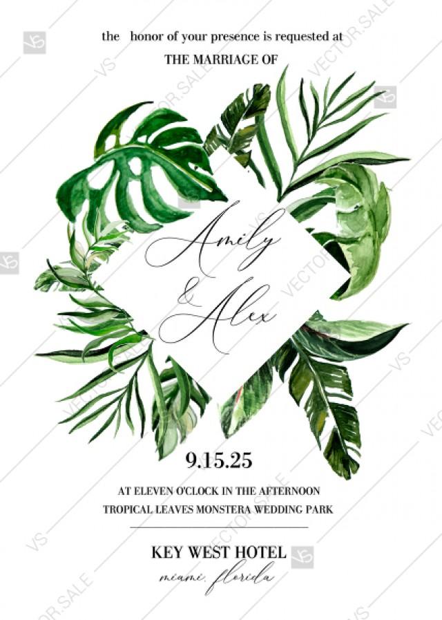 wedding photo - Tropical hawaii green banana monstera leaves palm wedding invitation template PDF 5x7 edit template