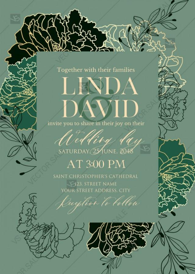 wedding photo - White peony foil gold stamping custom card template emerald green wedding invitation set PDF 5x7 in