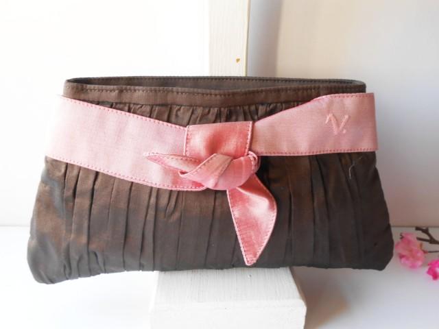 Vintage Brown Evening Bag Pink Trim, Glamorous Brown Clutch Handbag - EB-0767