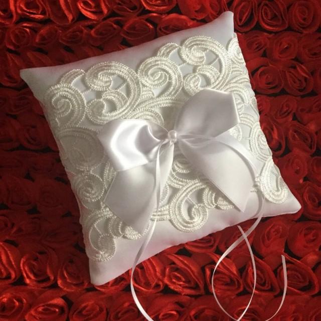 wedding photo - white ring bearer pillow, wedding ring pillow, white ring holder, white ring cushion, white ring pillow, ring bearer gift, ring pillow