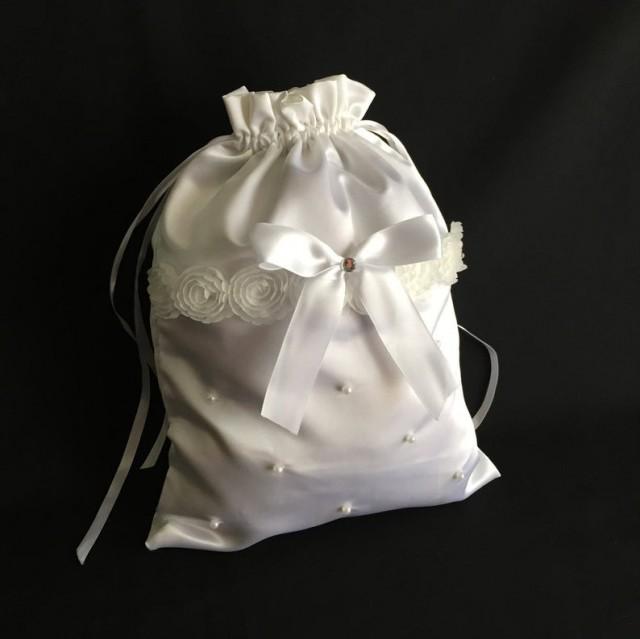 wedding photo - White wedding dollar dance bag, wedding money bag, bridal mone bag, white bridal bag, bridal purse, custom ribbon colors