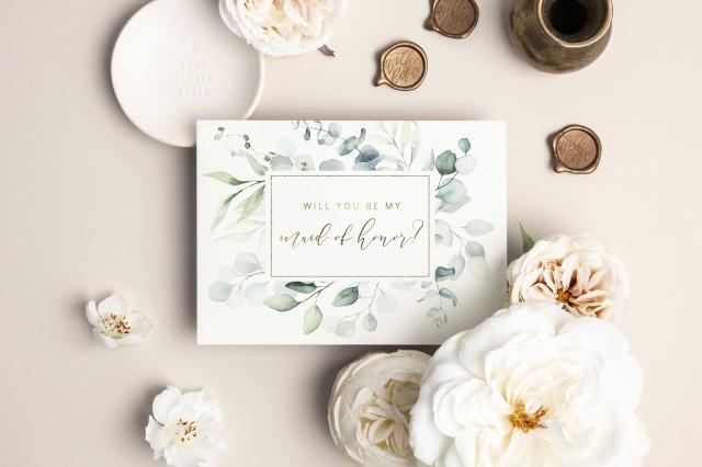 Bridesmaid Proposal, Will You Be My Bridesmaid Card, Bridesmaid Gift, Watercolor Eucalyptus, Bridesmaid Box, Maid Matron of Honor