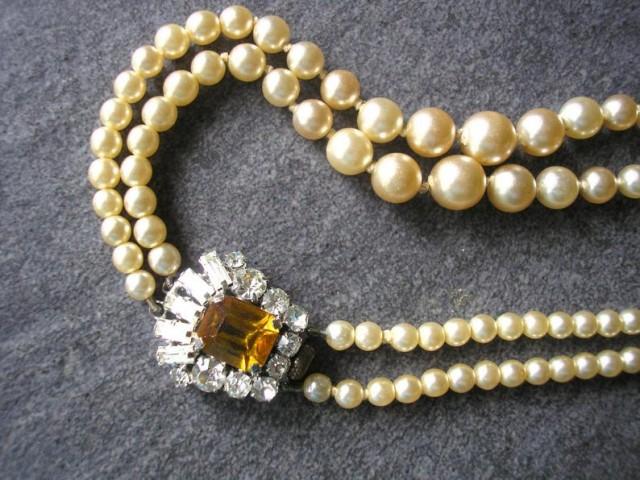 wedding photo - Vintage Pearl Necklace With Citrine Rhinestone Side Clasp, Ivory Pearls, Wedding Jewelry, Bridal Necklace, 2 Strand, Vintage Bridal Pearls
