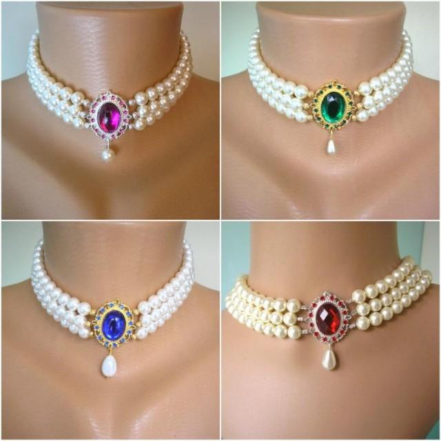 wedding photo - Swarovski Pearl Choker, Indian Choker Necklace, Downton Abbey, Custom Necklace, Pearl Bridal Necklace, Emerald, Opal, Sapphire, Ruby