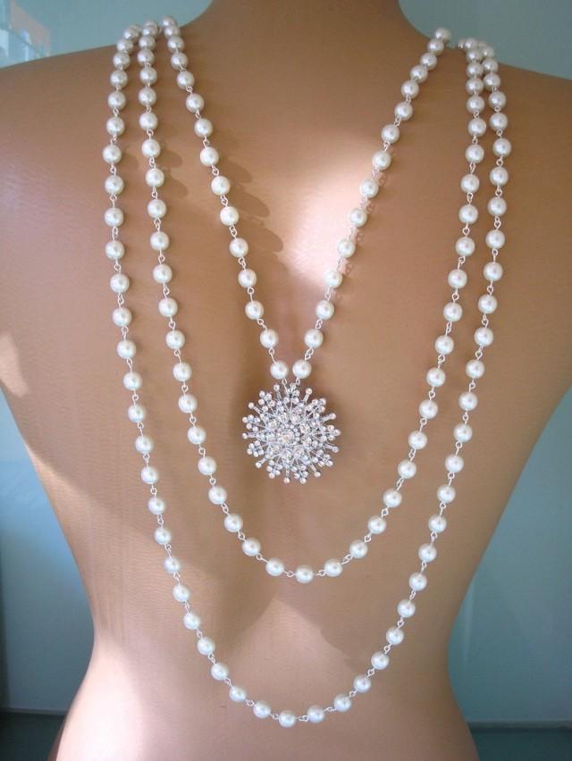 wedding photo - Pearl Backdrop Necklace, Downton Abbey, Bridal Backdrop Necklace, Wedding Jewelry, Multistrand Pearl Necklace, Rhinestone And Pearl, Deco