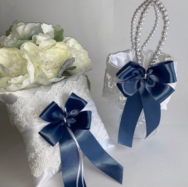 wedding photo - Steel blue flower girl basket, steel blue ring bearer pillow, wedding flower girl basket, wedding ring pillow, CUSTOM COLORS