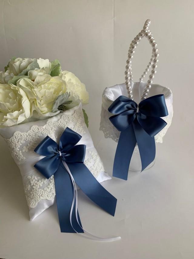 wedding photo - Steel blue flower girl basket, steel blue ring bearer pillow, wedding flower girl basket, wedding ring pillow, CUSTOM COLORS