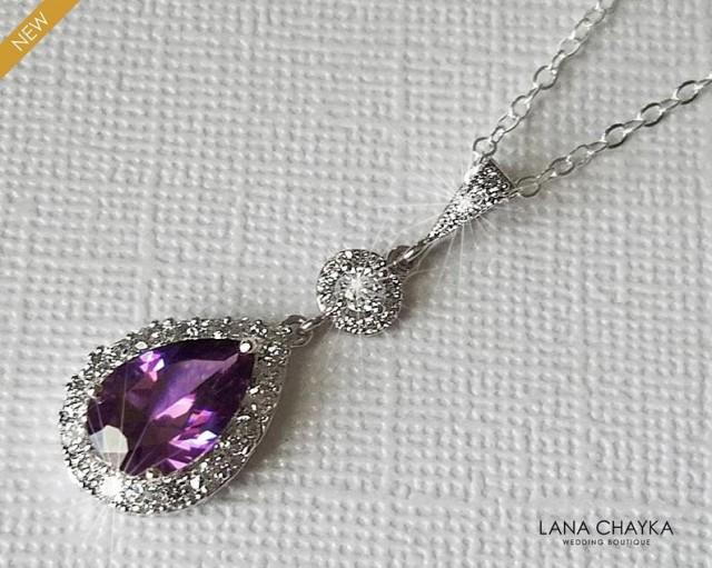 Amethyst Cubic Zirconia Bridal Necklace, Purple Crystal Silver Pendant, Wedding Amethyst Halo Teardrop Necklace, Bridal Purple Jewelry