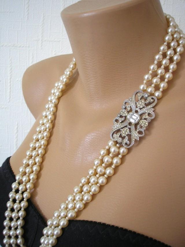 wedding photo - Art Deco Pearl Necklace, Long Pearl Necklace By SPHINX, Long Pearls, 3 Strand Pearls, Vintage Sphinx Jewellery, Downton Abbey, Gatsby Pearls