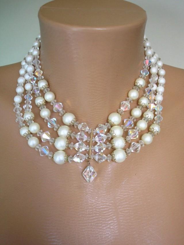 wedding photo - Vintage Pearl And Crystal Choker, Vintage Bridal Pearls, Pearl Choker, Wedding Jewelry, Pearl Collar, 1950, 4 Strand Pearls, Satin Pearls