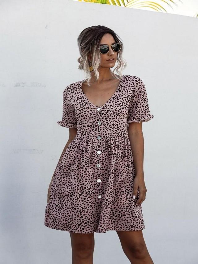 wedding photo - 2020 Summer Dress Women Floral Printed Pleated Dress Butterfly Short Sleeve Casual Loose Mini Dress V-Neck Ladies Dress Clothes