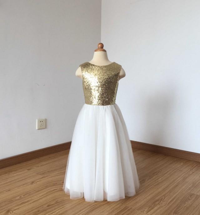 Floor-length Light Gold Sequin Ivory Tulle Flower Girl Dress