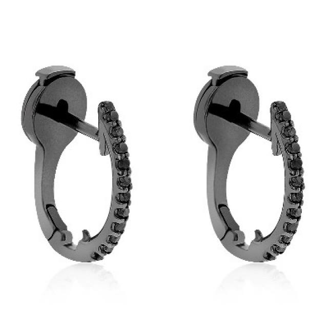 wedding photo - Black Diamond Hoop Huggie Earrings In 14K Gold 0.16 Carat For Men's.