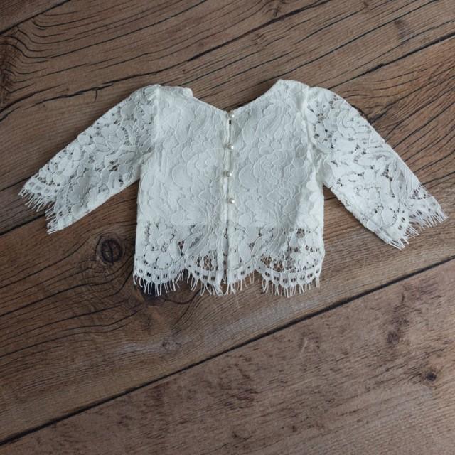 White Lace Flower Girl Top, Two Piece Top Only, Romantic Fringe Lace, Covered Buttons Scalloped Back